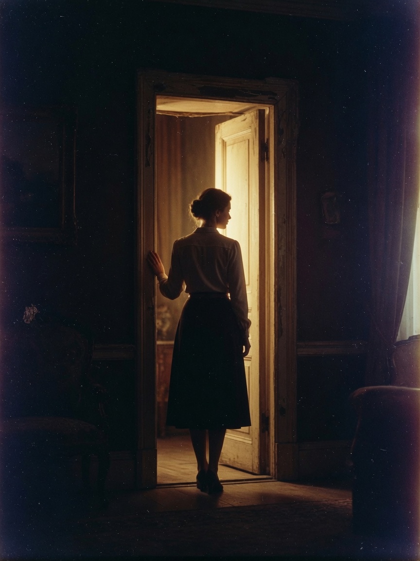 Backlit doorway: a clothed figure at the threshold, film grain.